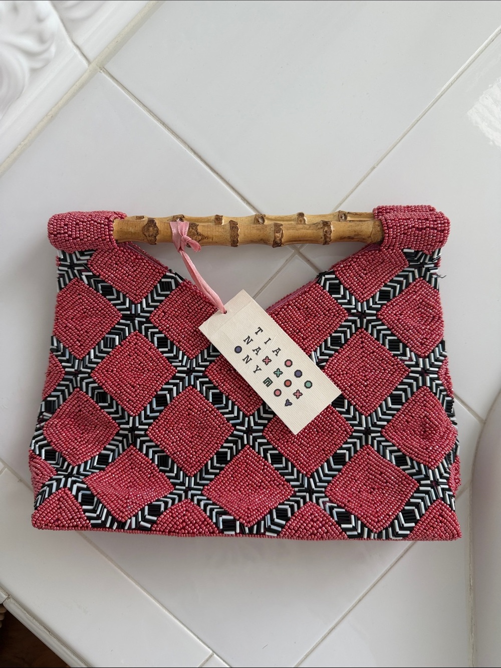 Tiana NYC Beaded Pink Geometric Bamboo Handle Clutch